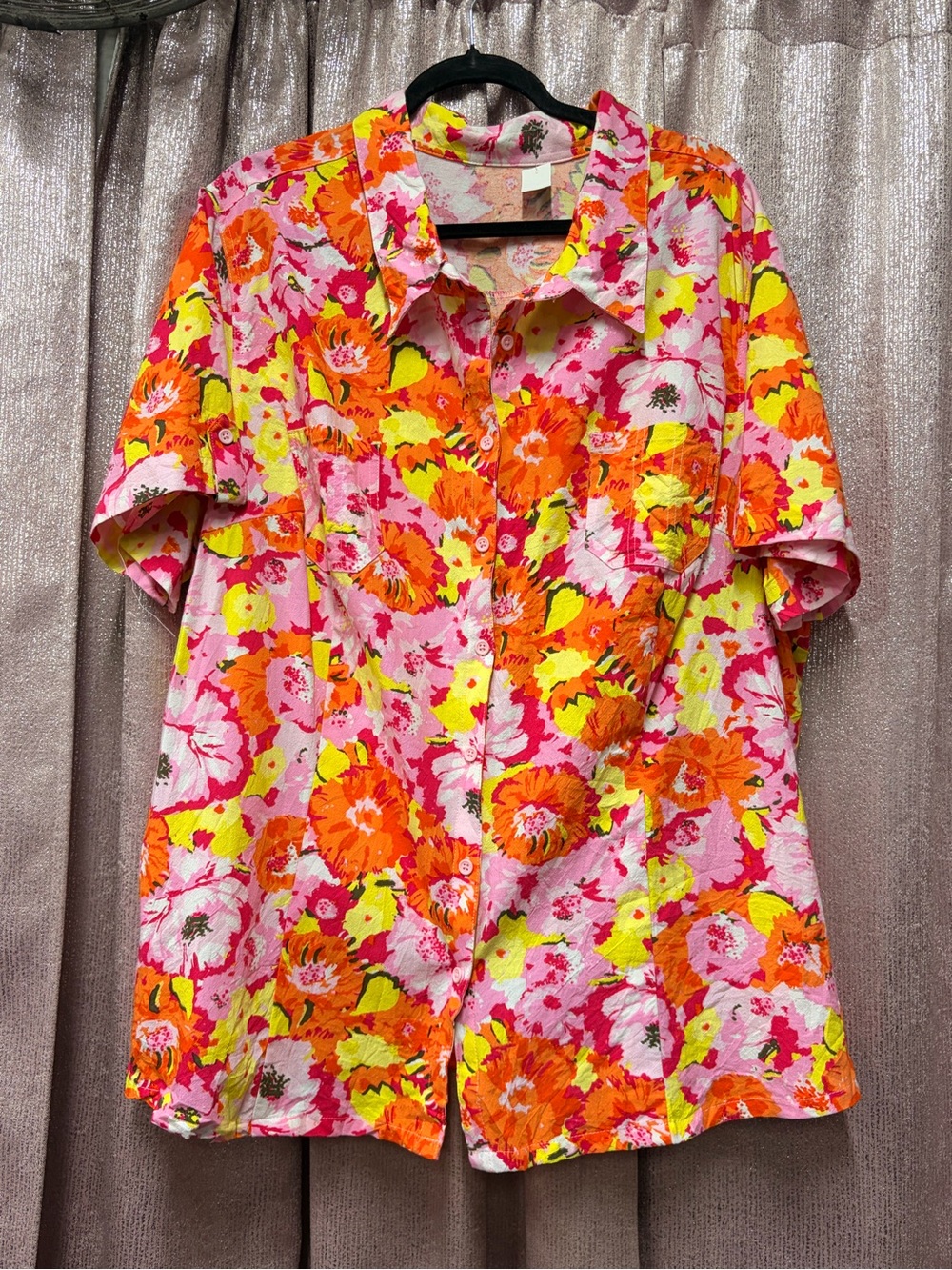 Vibrant Floral Button-Up Shirt in Pink, Orange & Yellow